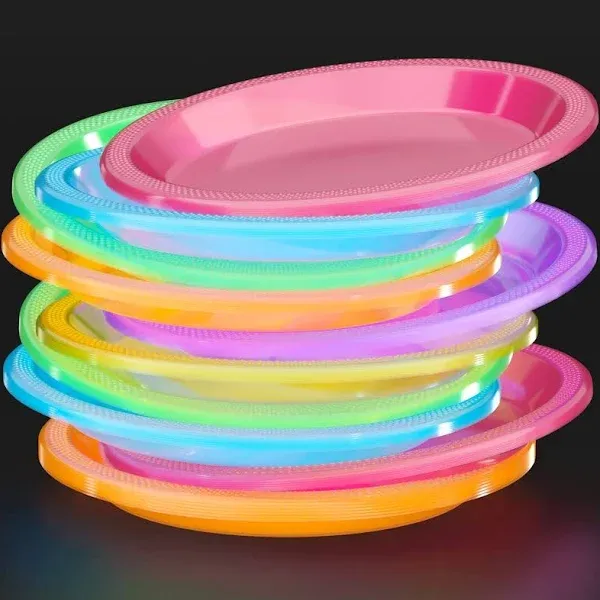 Exquisite Black Light Glow Party Plates - 60 Party Plates - Size: 9 Inch. - Assorted Colors - Food Safe Material - Blacklight Reactive Neon Plates - Disposable Plastic Plates For Birthday Parties