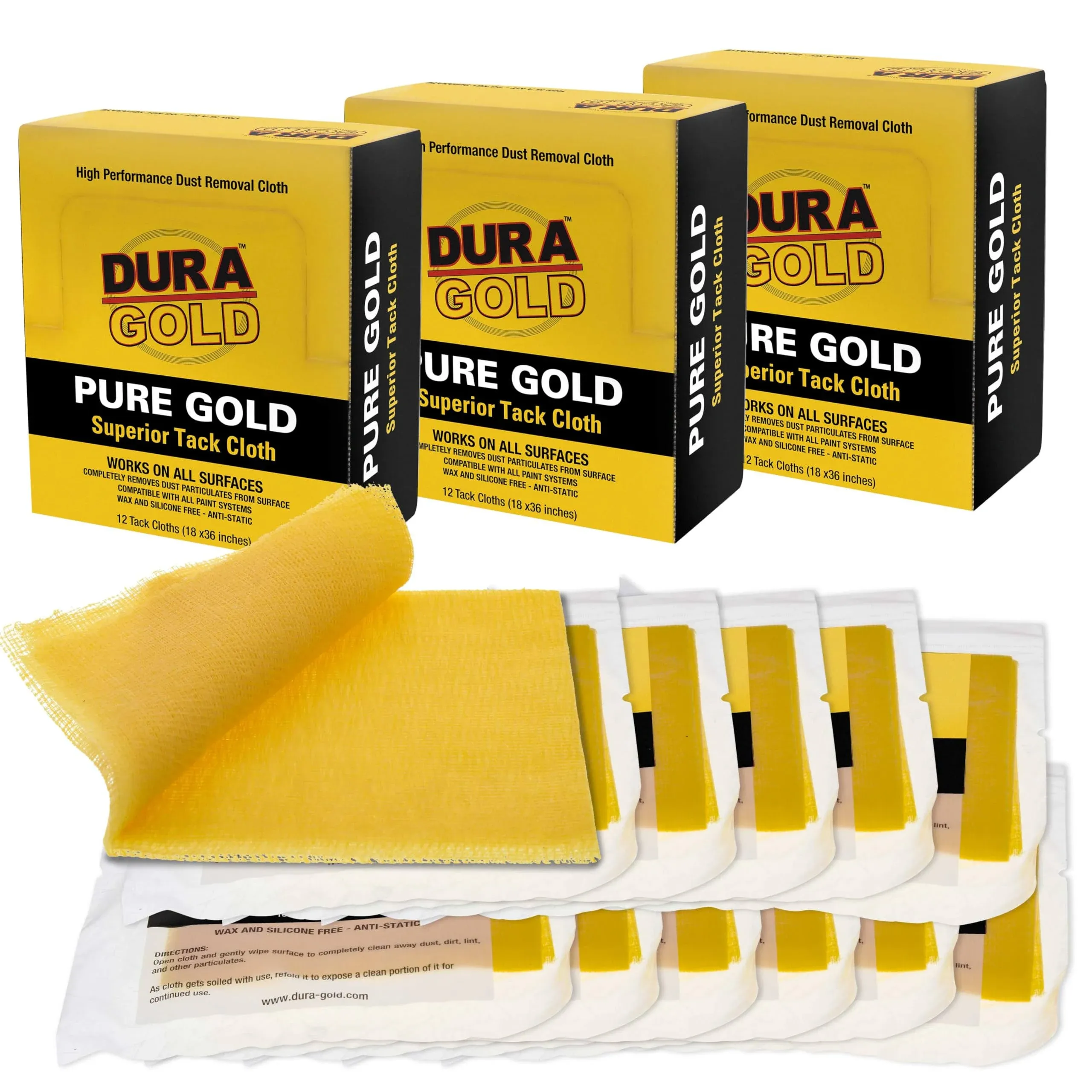 Dura-Gold - Pure Gold Superior Tack Cloths - Tack Rags (Box of 36) - Woodworking and Painters Professional Grade - Removes Dust, Sanding Particles,