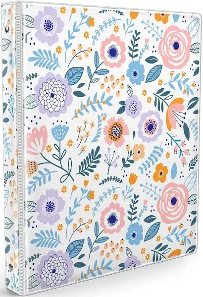 Cute Binder 1 Inch 3 Ring Trapper Keeper Binders with Clear Interior Pockets for Letter-Size(11" x 8.5") Paper,Aesthetic Three Ring Binder for Student and Teachers - Beautiful Flowers