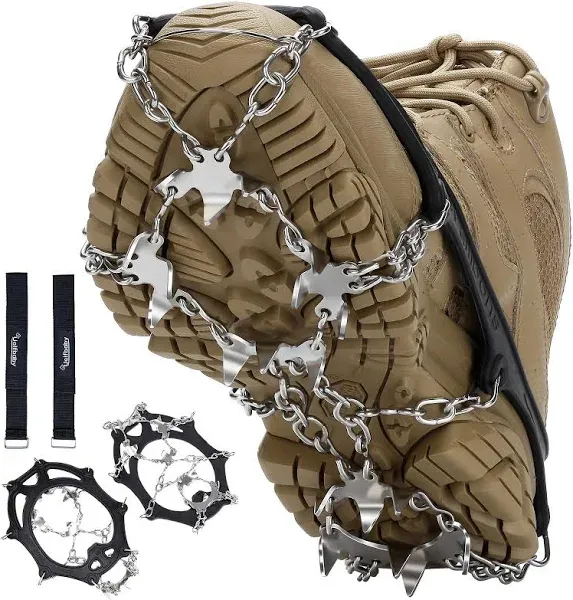 Crampons Upgraded 19 Spikes Ice Snow Grips Traction Cleats System Safe Protect for Walking, Jogging, or Hiking on Snow and Ice (Fit S/M/L/XL/XXL Shoes/Boots)