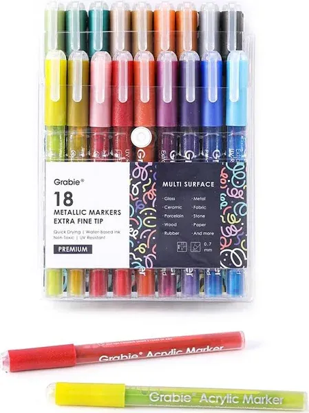 Grabie Acrylic Paint Pens, Acrylic Paint Markers, 18 Colors, 0.7 mm, Extra Fine Tip Paint Markers, Premium Paint Pens for Painting on Various Surface, Acrylic Paint Set, Art Supplies for Acrylic Paint