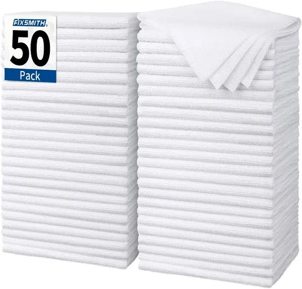 FIXSMITH White Microfiber Cleaning Cloth, Pack of 50, 16"x12" Cleaning Rags for Housekeeping and Kitchen, Reusable Shop Towels, Microfiber Towels