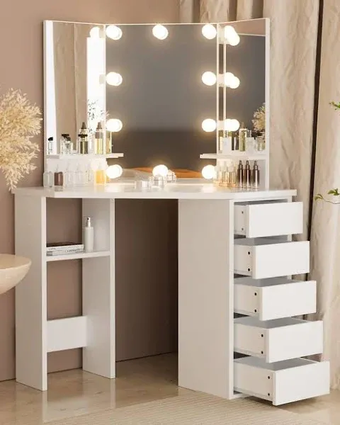 Likein Corner Makeup Vanity Desk with Mirror and Lights, Bedroom Vanity Table with Lighted Mirror Drawers and Women