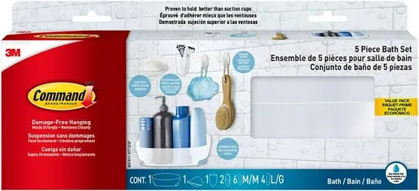 Command Bathroom Accessories, 5 Piece Bathroom Organizer Set - 1 Shower Caddy, 1 Soap Dish, 1 Toothbrush Holder, 2 Hooks with Water Resistant Command Strips