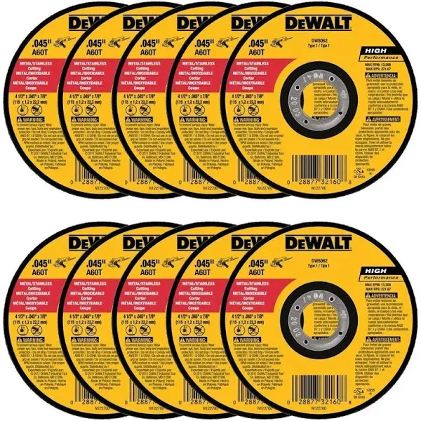 Dewalt Dw8062 4-1/2"x.045"x7/8" Metal Angle Grinder Thin Cutoff Wheel