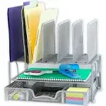 SimpleHouseware Mesh Desk Organizer with Sliding Drawer, Double Tray and 5 Upright Sections, Silver