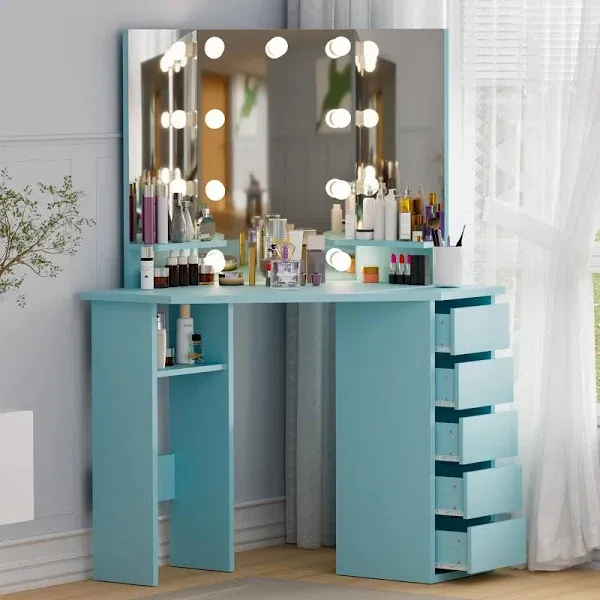 Likein Corner Makeup Vanity Desk with Mirror and Lights, Bedroom Vanity Table with Lighted Mirror Drawers and Women