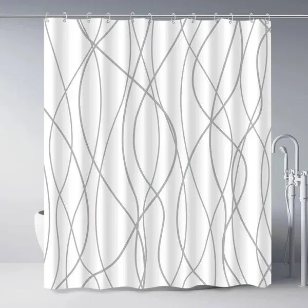 Grey and White Striped Fabric Shower Curtain with 12 Hooks