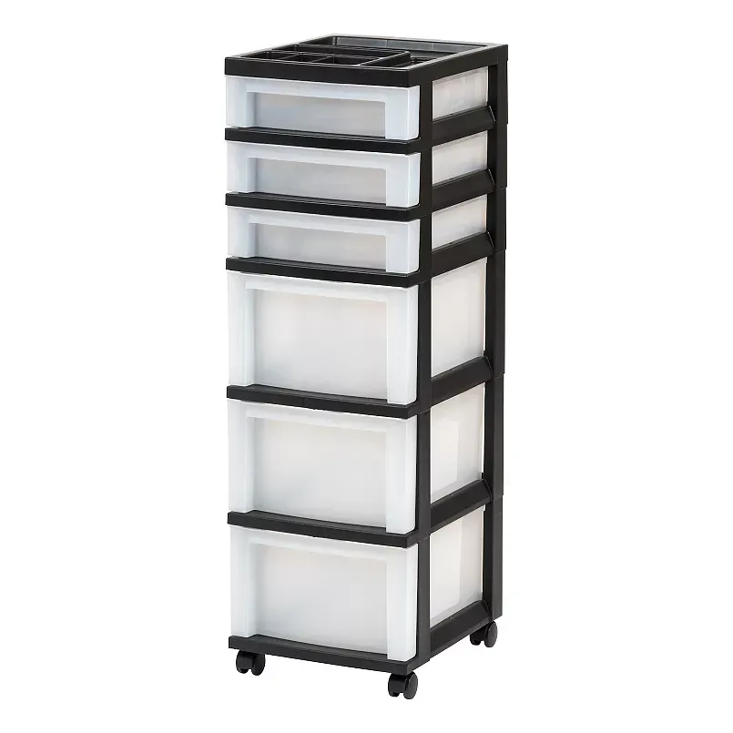 IRIS USA, 9-Drawer Narrow Plastic Storage Drawer Cart with Organizer Top, Black