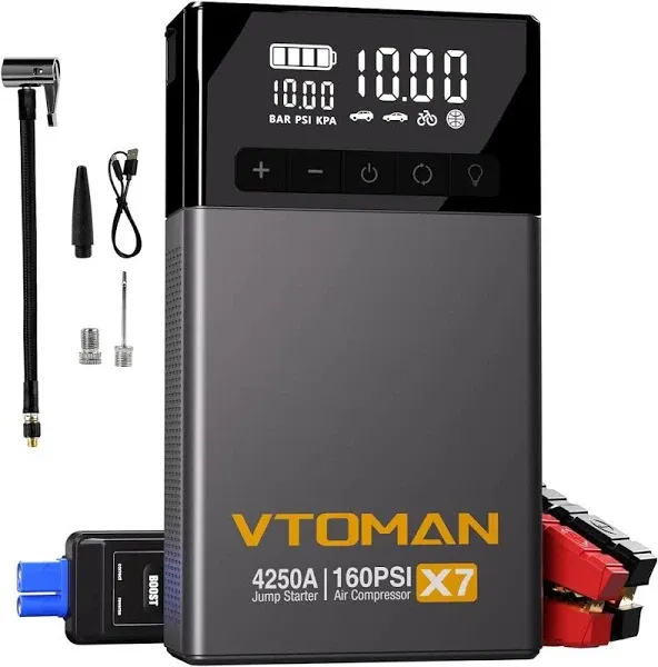 VTOMAN X7 Jump Starter with Air Compressor, 4250A Portable Car Starter with 160PSI Digital Tire Inflator,12V Lithium Battery Charger Booster Box with Type-C Quick Charge (Up 10L Gas/10L Diesel Engine)