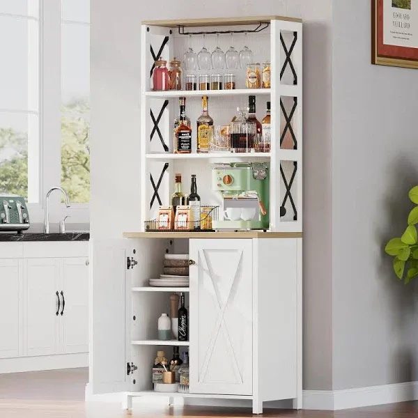 DWVO 67" Tall Wine Bar Cabinet for Liquor and Glasses, Farmhouse Kitchen Cabinet Coffee Bar with Adjustable Shelves, Open Storage Shelves, Buffet Kitchen Cabinet for Dinning Room, Kitchen, White