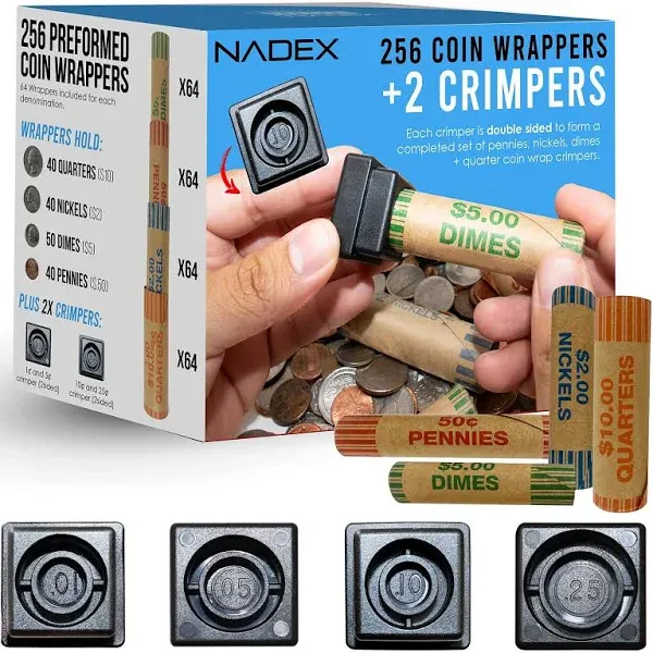 256 Assorted Preformed Crimped End Coin Roll Wrappers with Coin Wrapper Crimp...