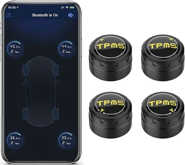 LEEPEE Tire Pressure Monitoring System, 5 Alarm Modes, with 4 External Sensors TPMS, Support iOS and Android, Real-time Displays Pressure and Temperature (0.1-6.4Bar)