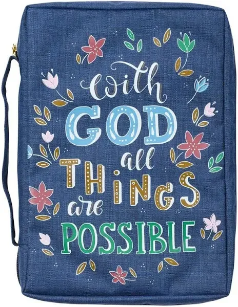 Christian Art Gifts Men/Women's Bible Cover with God All Things are Possible Matthew 19:26, Blue Floral Canvas, Medium