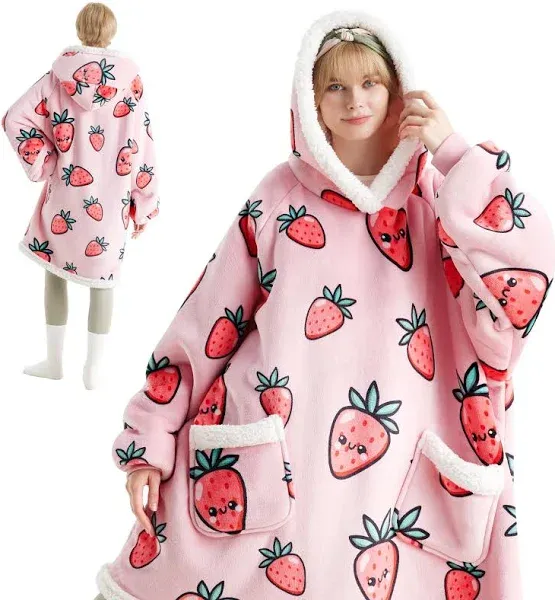 Bedsure Wearable Blanket Hoodie, Blanket Hoodies for Women Sherpa Hoodie as Gifts for Her Mom Girlfriend Kids, Hooded Blanket, Kids, Strawberry, Bright Pink