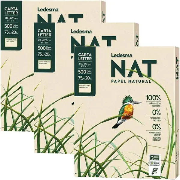 Ledesma NAT Letter Size 8.5"x11" Sugarcane Pulp Printer Paper - 75 GSM, Unbleached Paper Multipurpose Copy Printer Paper - for All Office & Photocopy Printers, Designs, Crafts (3 Reams -1500 Sheets)