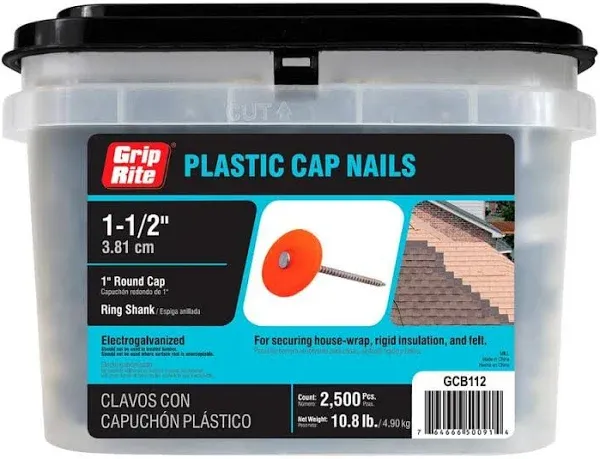 (2500-Pk) Grip Rite Prime Guard Round Cap Roofing Nails Plastic #12 x1-1/2&#034;