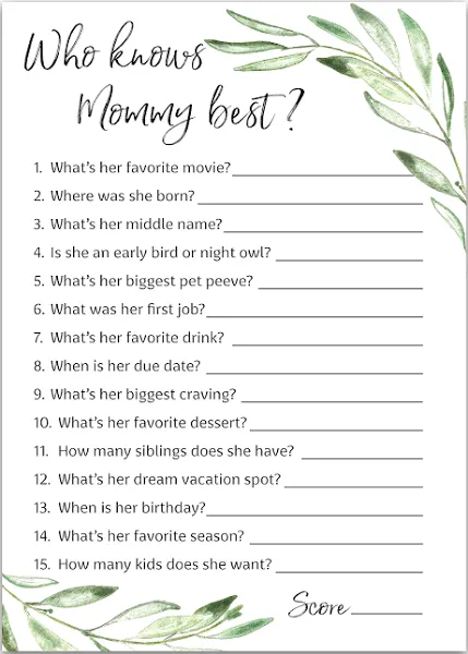 Greenery Baby Shower Games Who Knows Mommy Best Pack of 25