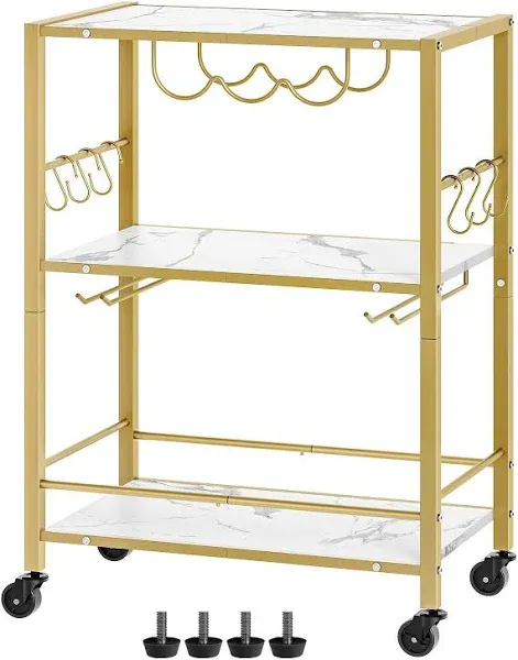 Bar Cart Gold, 3-Tier Serving Cart, Kitchen Cart with Wine Rack and Cup Holders, Beverage Cart, Mobile Microwave Cart with 6 Hooks, for Kitchen, Living Room, White and Gold BC02DW