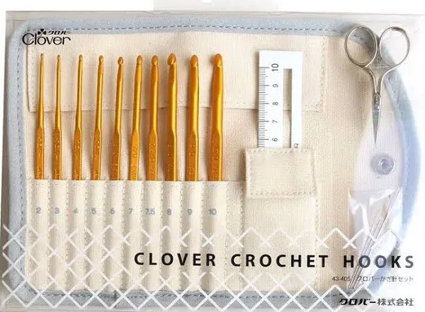 Clover Crochet hook Set 10 Crochet Hooks 3 Staples Mini Scissors Knit Gauge Case