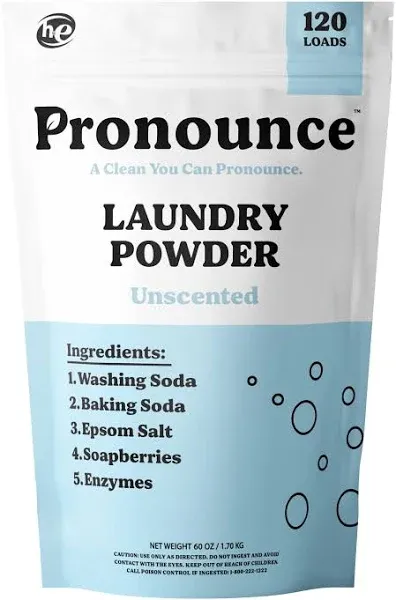 Pronounce Laundry Detergent Powder Alternative | Earth-Derived Ingredients, Eco-Friendly, Safer for Sensitive Skin, Eczema, and Babies. Stain + Smell Fighting. HE Safe (Unscented, 120 Loads)