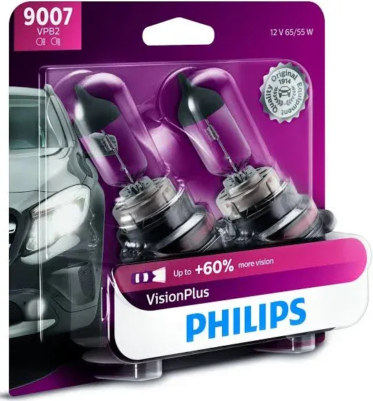 Philips 9007 VisionPlus Upgrade Headlight Bulb with up to 60% More Vision, 2 Pack - 9007VPB2 Clear