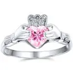 BFF Celtic Irish Friendship Promise CZ Simulated Gemstone Cubic Zirconia Hands & Heart Claddagh Ring for Women Teens 925 Sterling Silver - 7 Pink