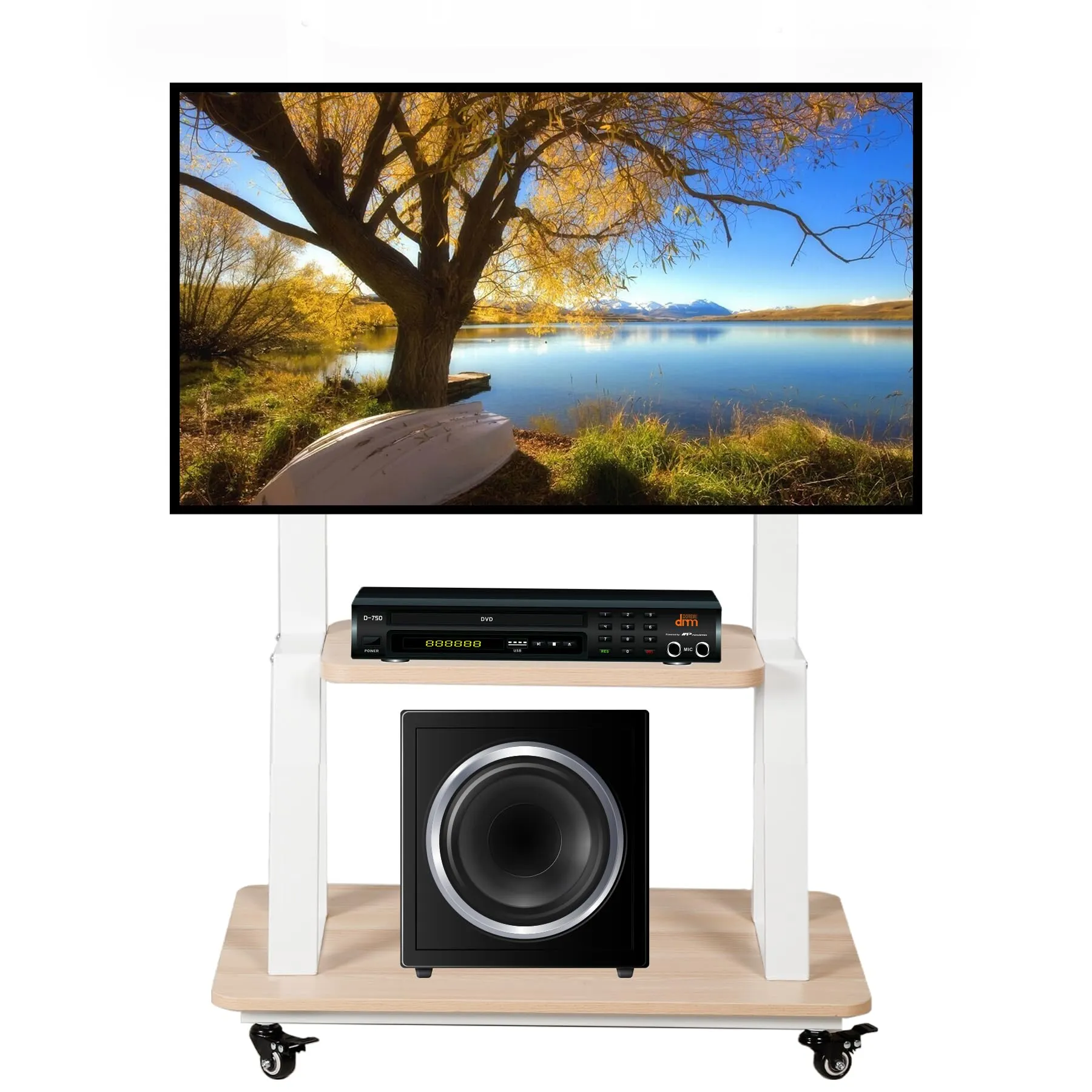 Mobile TV Stand Rolling TV Cart with Wheels for 32-75 Inch Flat/Curved Led/Lcd/Oled Portable Floor TV Stand with Laptop Wood Shelf Height Adjustable Heavy-Duty Holds up to 100lbs White