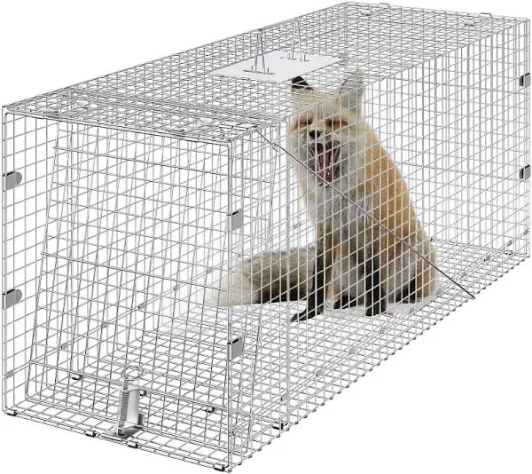 VEVOR Live Animal Cage Trap, 50" x 20" x 26" Humane Cat Trap Galvanized Iron, Folding Animal Trap with Handle for Stray Dogs, Armadillos, Raccoons, Marmots, Foxes