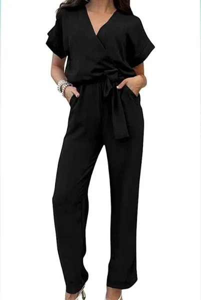 Women&#x27;s Jumpsuit - Casual Short Sleeve Wrap V Neck Belted Wide Leg Pants