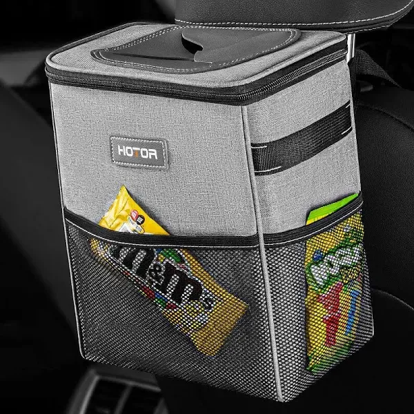 HOTOR Car Trash Can with Lid and Storage Pockets - 100% Leak-Proof Organizer, Wa