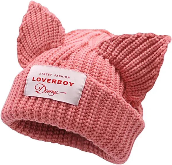 Cat Ear Hat Cute Beanie Hat Knit Wool Cap Warm Slouchy Crochet Hat (Pink)