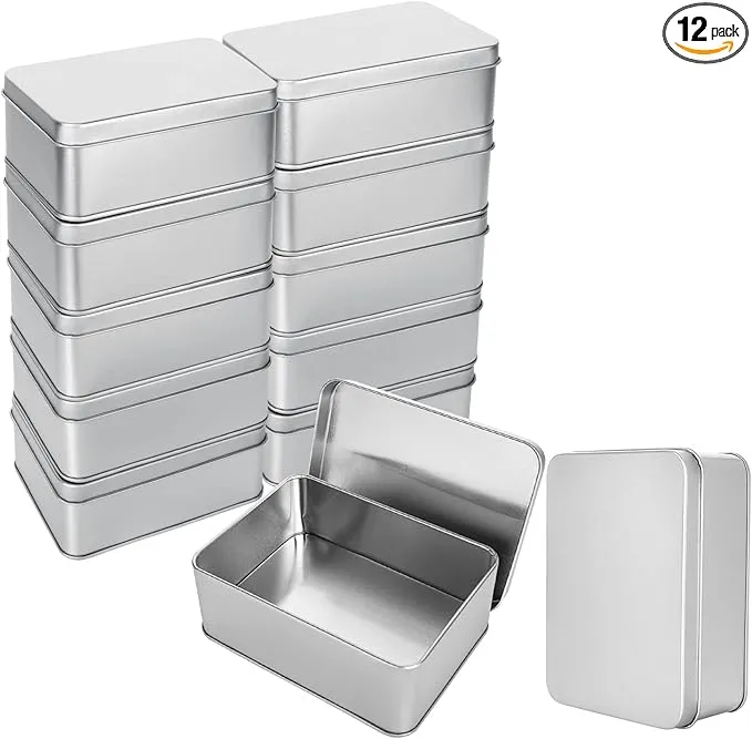 RHBLME 12 Pack Tin Box, 4.9 x 3.6 x 1.8 Inches Metal Box Cookie Tins with Lids, Large Multipurpose Tin Can Storage Container for Crafts Jewelry Cookie