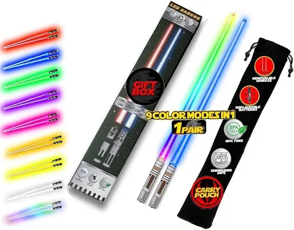 ChopSabers Lightsaber Chopsticks Light Up Star Wars LED Glowing Light Saber Chop Sticks Reusable Sushi Lightup Sabers Bright LEDs 8 Color Modes - 1 Pair