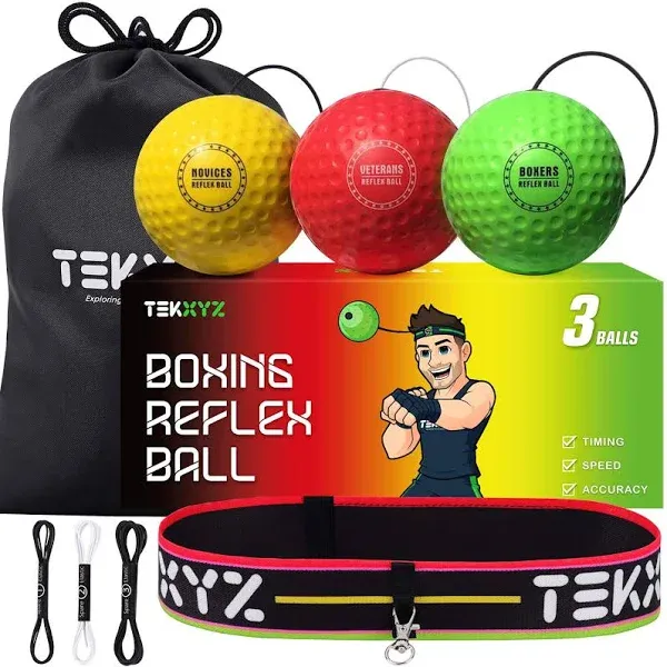 TEKXYZ Boxing Reflex Ball, 3 Difficulty Levels Boxing Ball with Headband, Softer Than Tennis Ball, Perfect for Reaction, Agility, Punching Speed, Fight Skill and Hand Eye Coordination Training