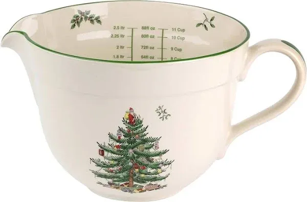 Spode Christmas Tree Batter Jug - 2 Quart Mixing Batter Bowl with Handle and Precision Pour Spout, Fine Earthenware Holiday Baking Tool - Festive Bakeware for Christmas, Dishwasher & Microwave Safe