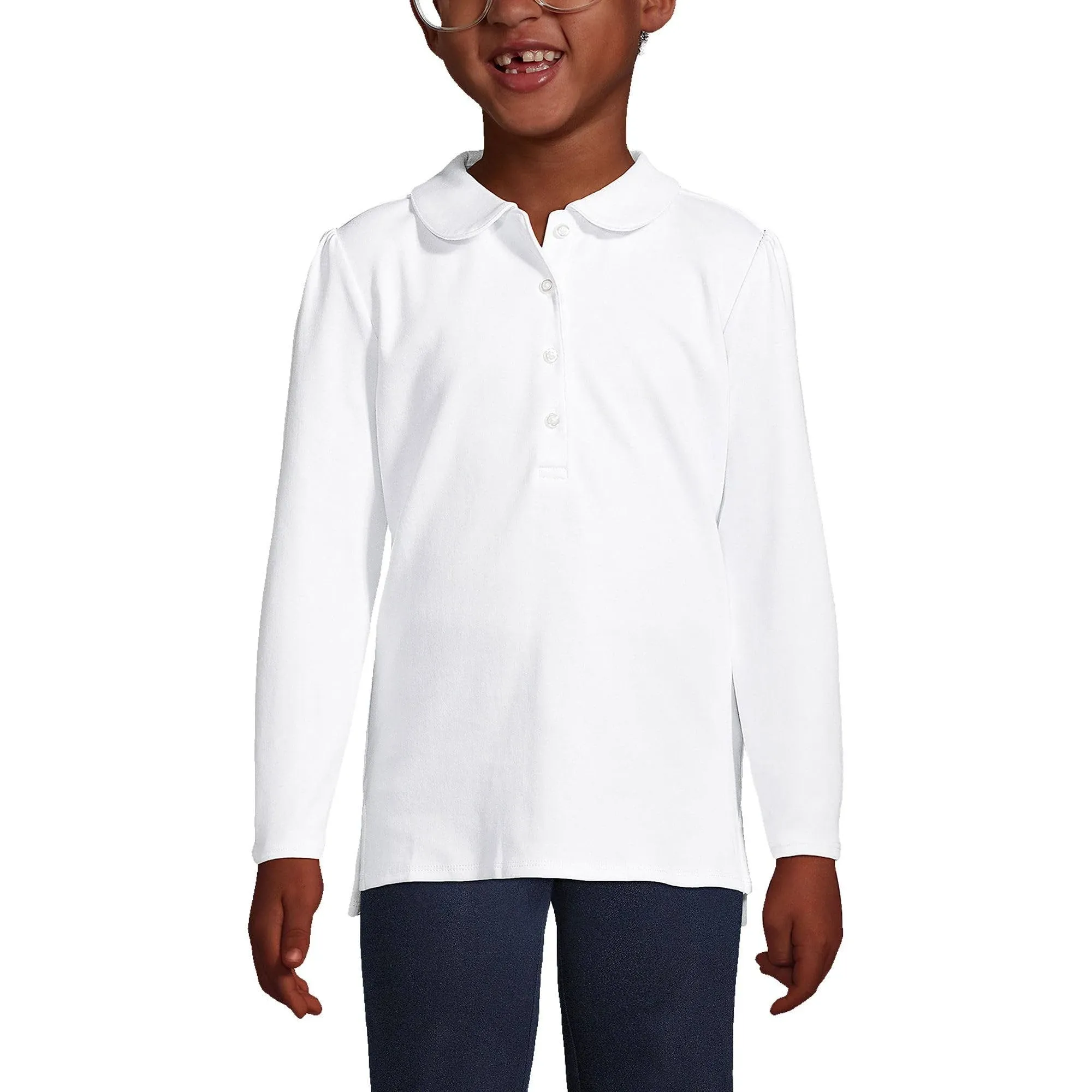 Lands' End School Uniform Girls Long Sleeve Peter Pan Collar Polo Shirt - Medium - White