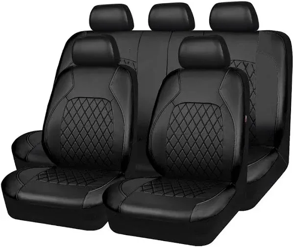 Universal Deluxe Pu Luxury Vinyl Faux Leather Car Seat Covers Full Set, Airbag Compatible, Breathable, Fit for Cars, Trucks, SUV (All Black)