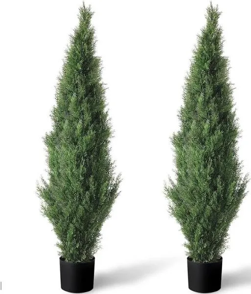 TRESIL Set of 2 Pre-Potted Faux Cedar Tree Lifelike UV Protected Front Door Decor