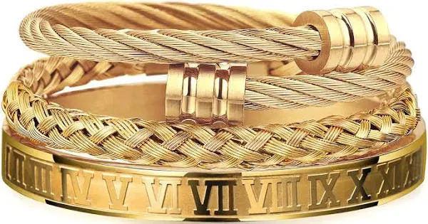 WFYOU 3PCS Stainless Steel Bracelets for Men Gold Roman Numeral Bangle Bracelet Twisted Cable Bracelet Adjustable Cuff Bracelet Mens Luxury Jewelry Bracelets Gifts