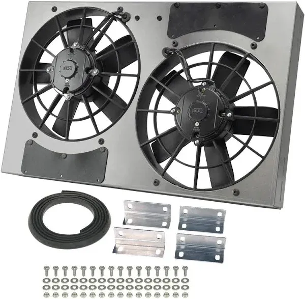 Electric Cooling Fan - HO RAD - Dual 11 in Fan - Puller - 3750 CFM - 12V - Curved Blade - 24 x 15-1/2 in - 4-1/2 in Thick - Aluminum Shroud - Plastic - Kit