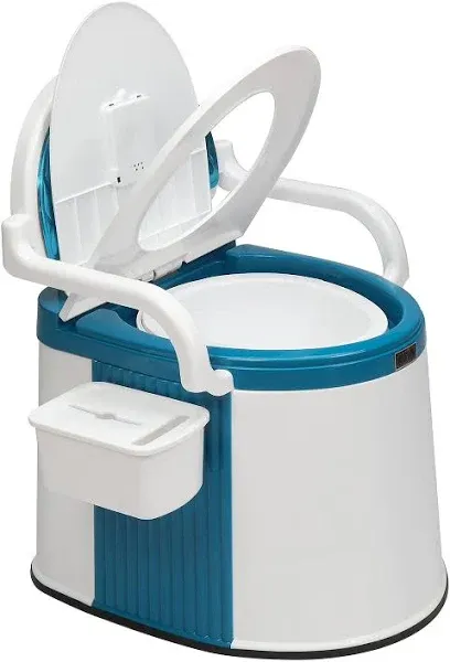 VINGLI Portable Toilet | Back & Handrail Design Commode with 5 Gallon Bucket Inner, Camping RV Toilet for Adult, Kids, Home, Boat, Van, Travel, Plastic, Blue & white