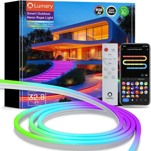 Lumary Smart Outdoor Neon Rope Lights, 32.8ft LED Rope Lights Outdoor Waterproof IP65, RGBAICW Music Sync Flexible Color Changing Silicone Rope Lights, DIY Neon Lights Work with Alexa Google Assistant