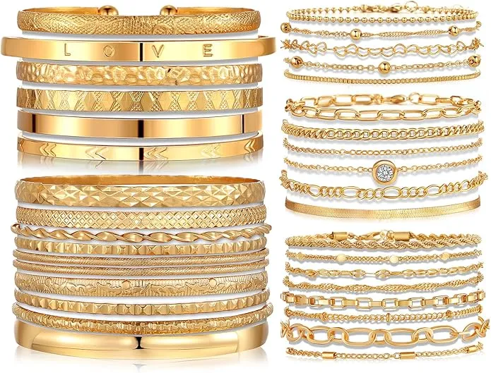 IFKM 6 PACK (24 PCS) Boho Gold Chain Bracelets Set for Women, 14K Gold Plated Multiple Layered Stackable Open Cuff Wrap Bangle Adjustable Link Italian Cuban Jewelry for Women Gift