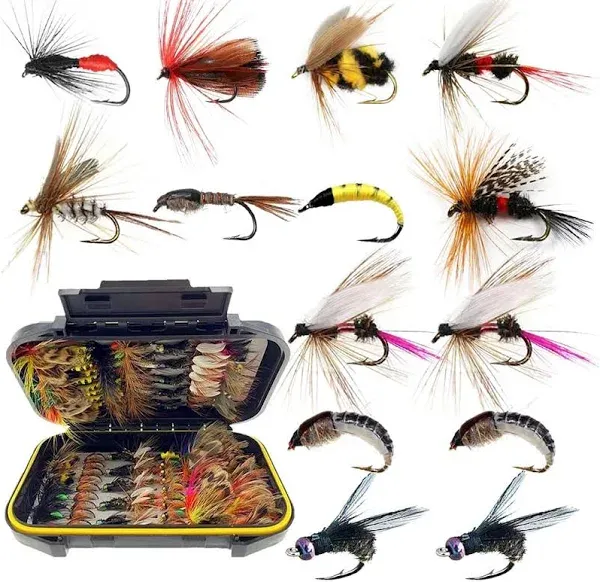 Handwork Fly Fishing Flies Kit, 50/114Pcs Handmade Fly Fishing Gear with Dry/Wet Flies, Streamers, Fly Assortment Trout Bass Fishing with Fly Box (