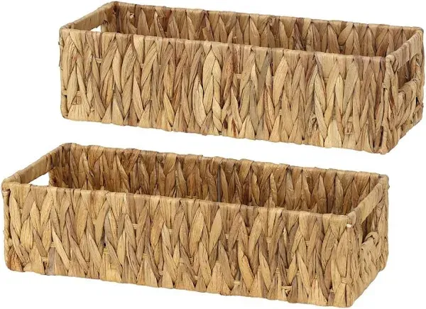 Casafield Set of 2 Bathroom Storage Baskets, Natural - Water Hyacinth, 16" W x 6.75" D x 4.25" H, Woven Toilet Tank Topper Bins for Organizing Tissues, Toilet Paper, Toiletries, Shelves