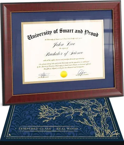 SMART&PROUD Wooden College Diploma Frame 8.5 x 11 – Blue Mat with Golden Rim – Certificate Frame 11x14 without Mat – Graduation Gift – Degree Frame and Certificate Holder College – Document Frame