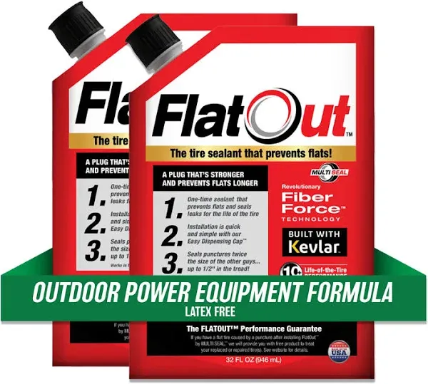 FlatOut Off Road Tire Sealant, Outdoor Power Equipment Formula, Prevents Flat Tires, Fix a Flat Tire, Seals Leaks, Contains Kevlar, 32 Ounce Bag, 2-Pack