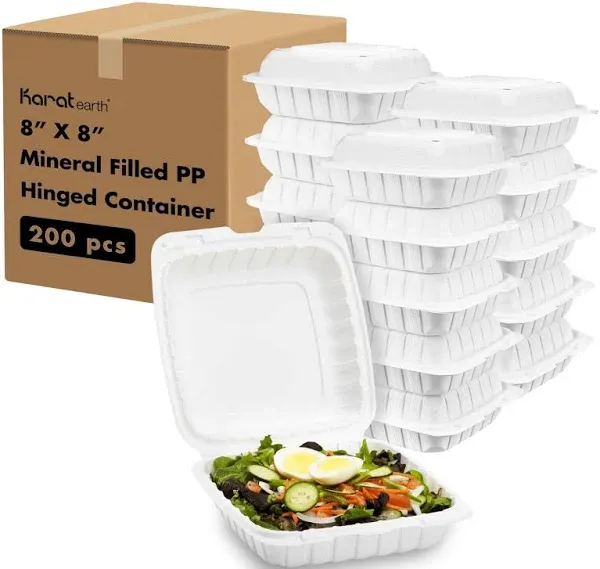 KARAT EARTH KE-HC88MFPP-1CW 8 inches x 8 inches Mineral Filled PP Hinged Container, 1 compartment - White