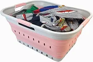 SAMMART 42L (11 gallon) Collapsible Plastic Laundry Basket - Foldable Pop Up Storage Container/Organizer - Space Saving Hamper/Basket (Grey/Quartz Pink)